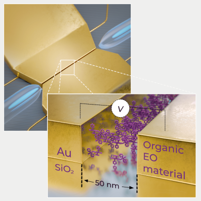 Schematic cross-section of a metallic slot on insulator filled with organic electro-optical material